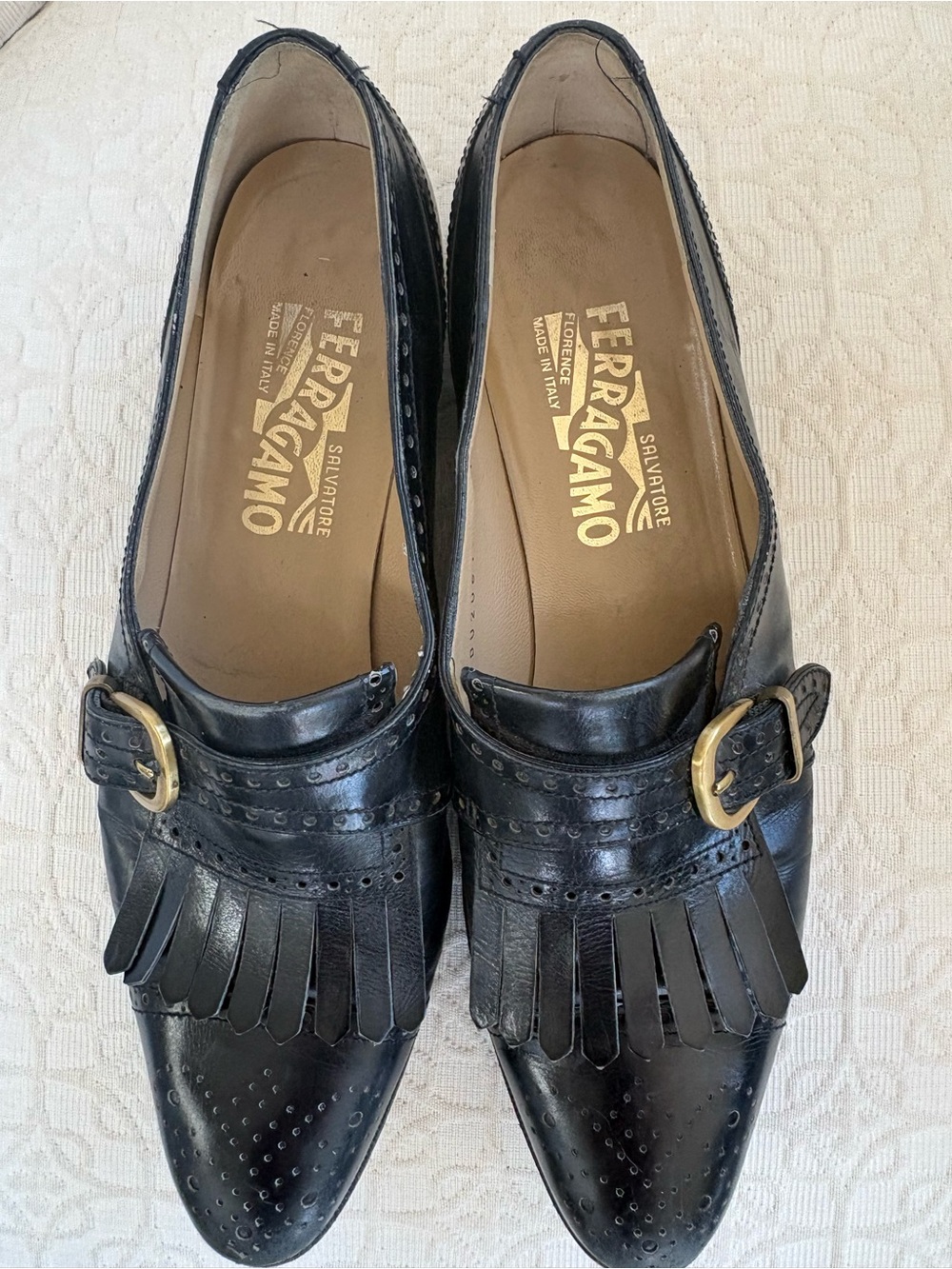 Salvatore Ferragamo Black Leather Kiltie Loafers with Gold Buckle